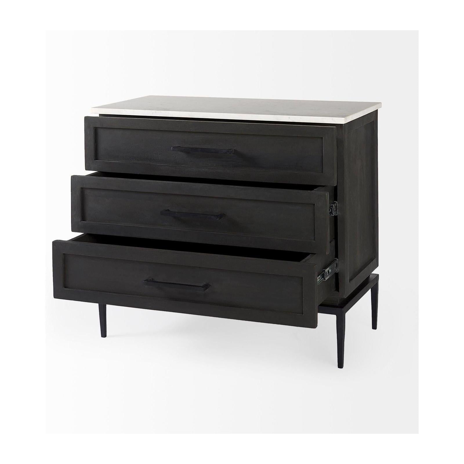 Mercana Divina Black-Brown Wood w/ White Marble Top and Black Metal Base Accent Cabinet