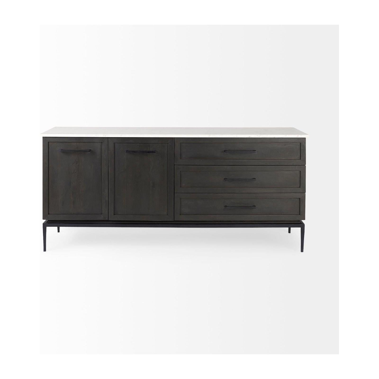 Mercana Divina Black-Brown Wood w/ White Marble Top and Black Metal Base Sideboard