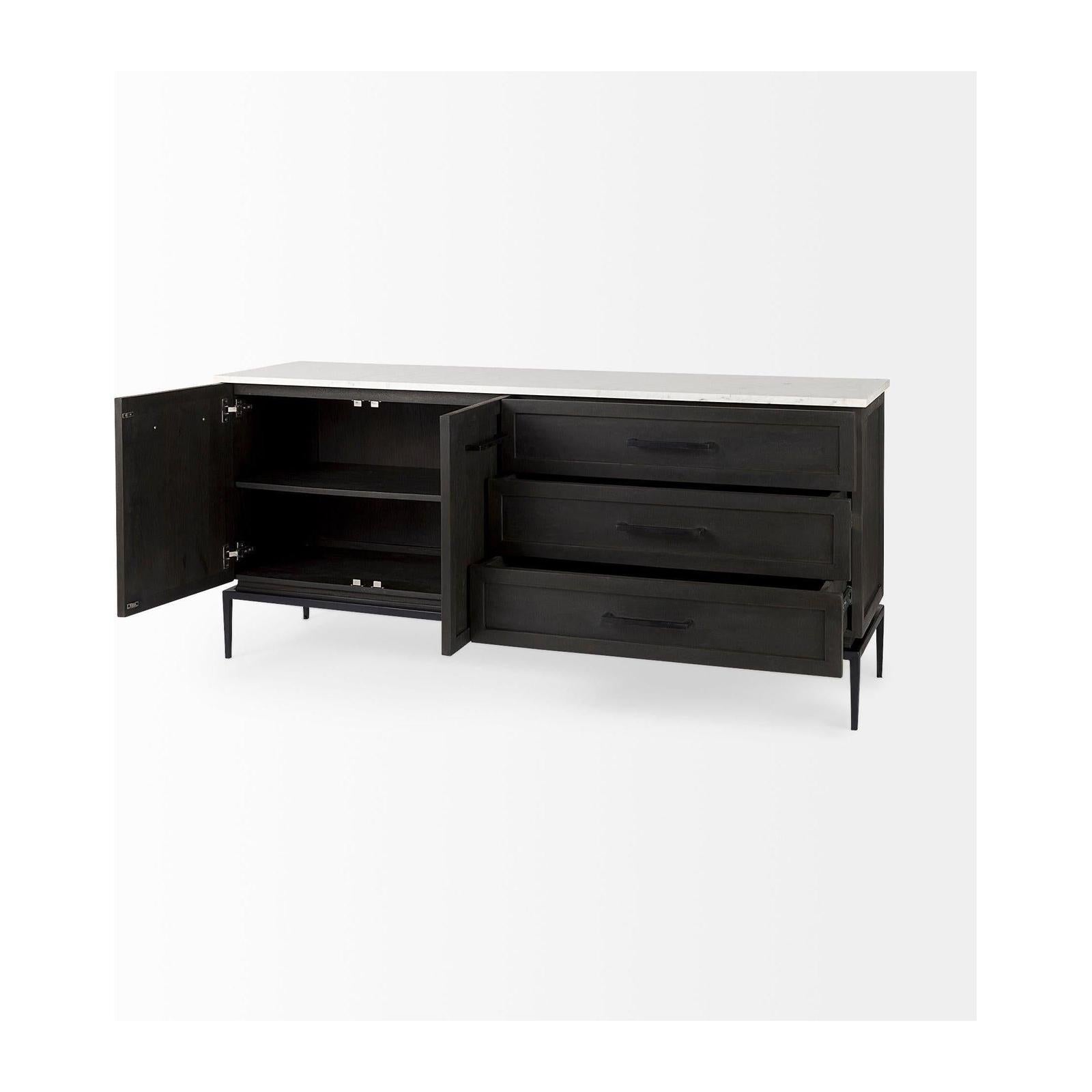 Mercana Divina Black-Brown Wood w/ White Marble Top and Black Metal Base Sideboard
