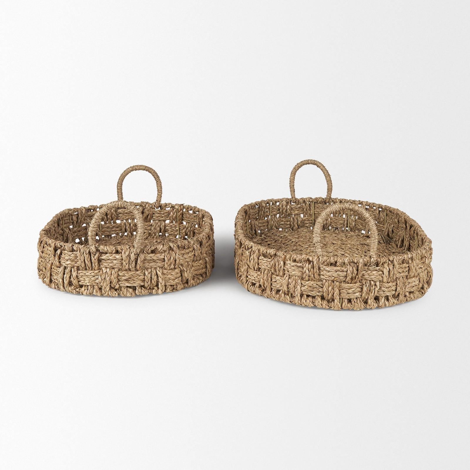 Mercana Haini Large Basketweave Seagrass Trays w/ Loop Handles- Set of 2