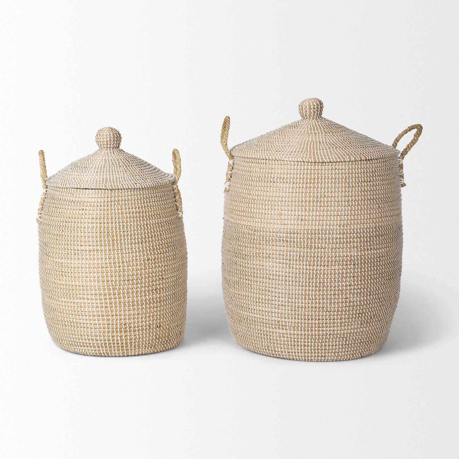 Mercana Kairi Seagrass Floor Baskets w/ Lids and Handles- Set of 2