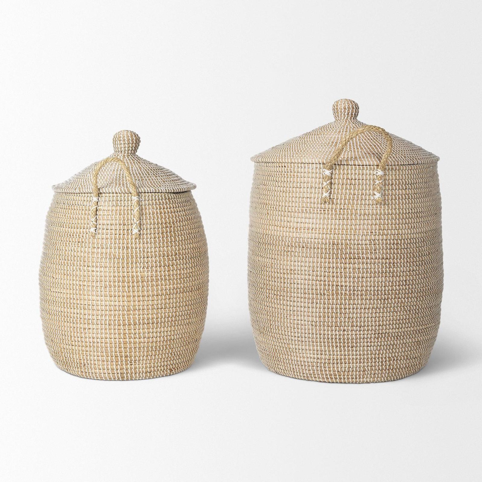 Mercana Kairi Seagrass Floor Baskets w/ Lids and Handles- Set of 2
