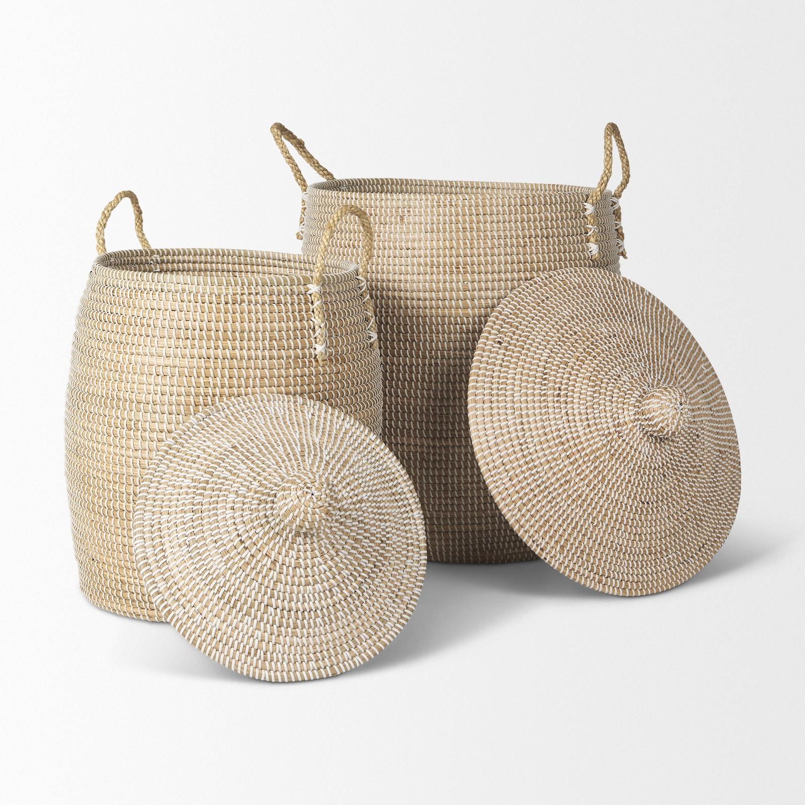 Mercana Kairi Seagrass Floor Baskets w/ Lids and Handles- Set of 2