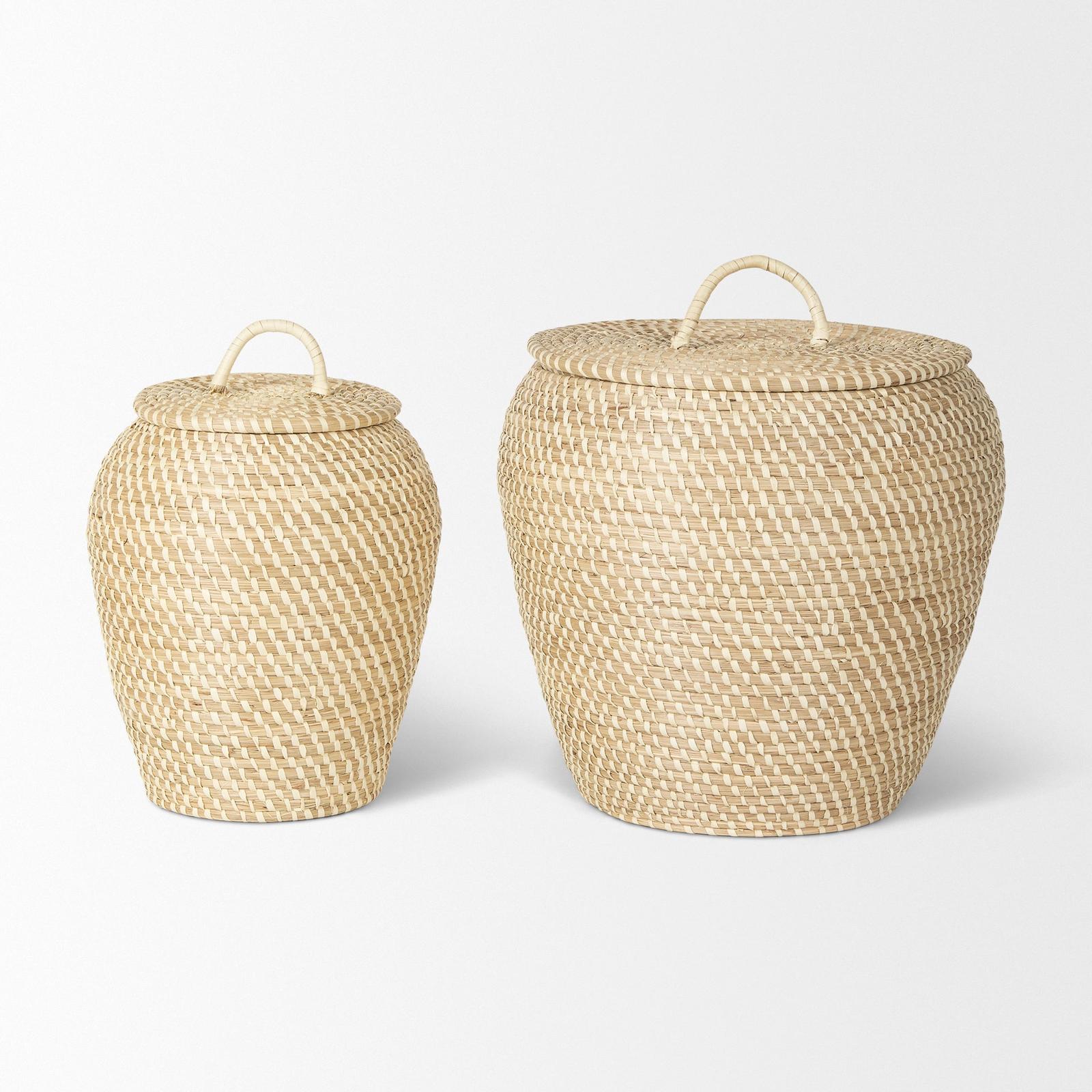 Mercana Kalopa Seagrass Floor Baskets w/ Flat Handled Lid- Set of 2