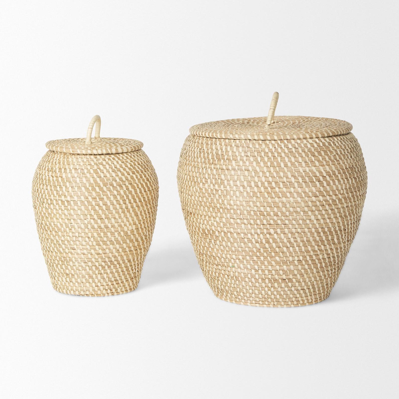 Mercana Kalopa Seagrass Floor Baskets w/ Flat Handled Lid- Set of 2