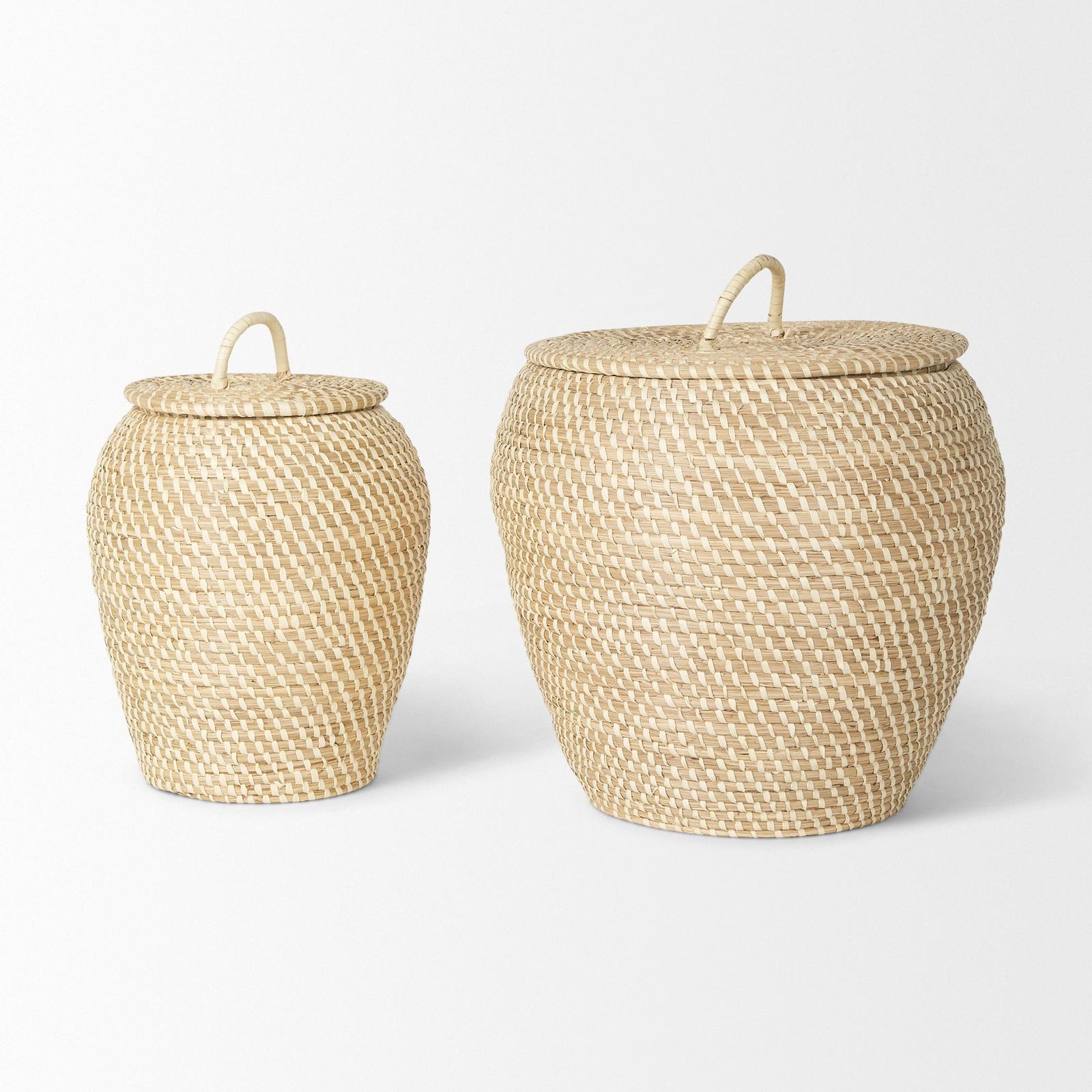 Mercana Kalopa Seagrass Floor Baskets w/ Flat Handled Lid- Set of 2