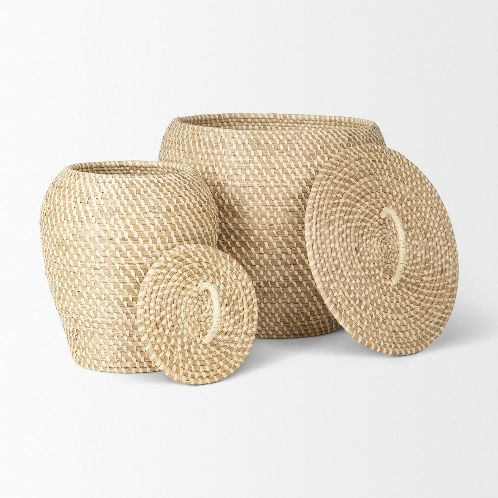 Mercana Kalopa Seagrass Floor Baskets w/ Flat Handled Lid- Set of 2
