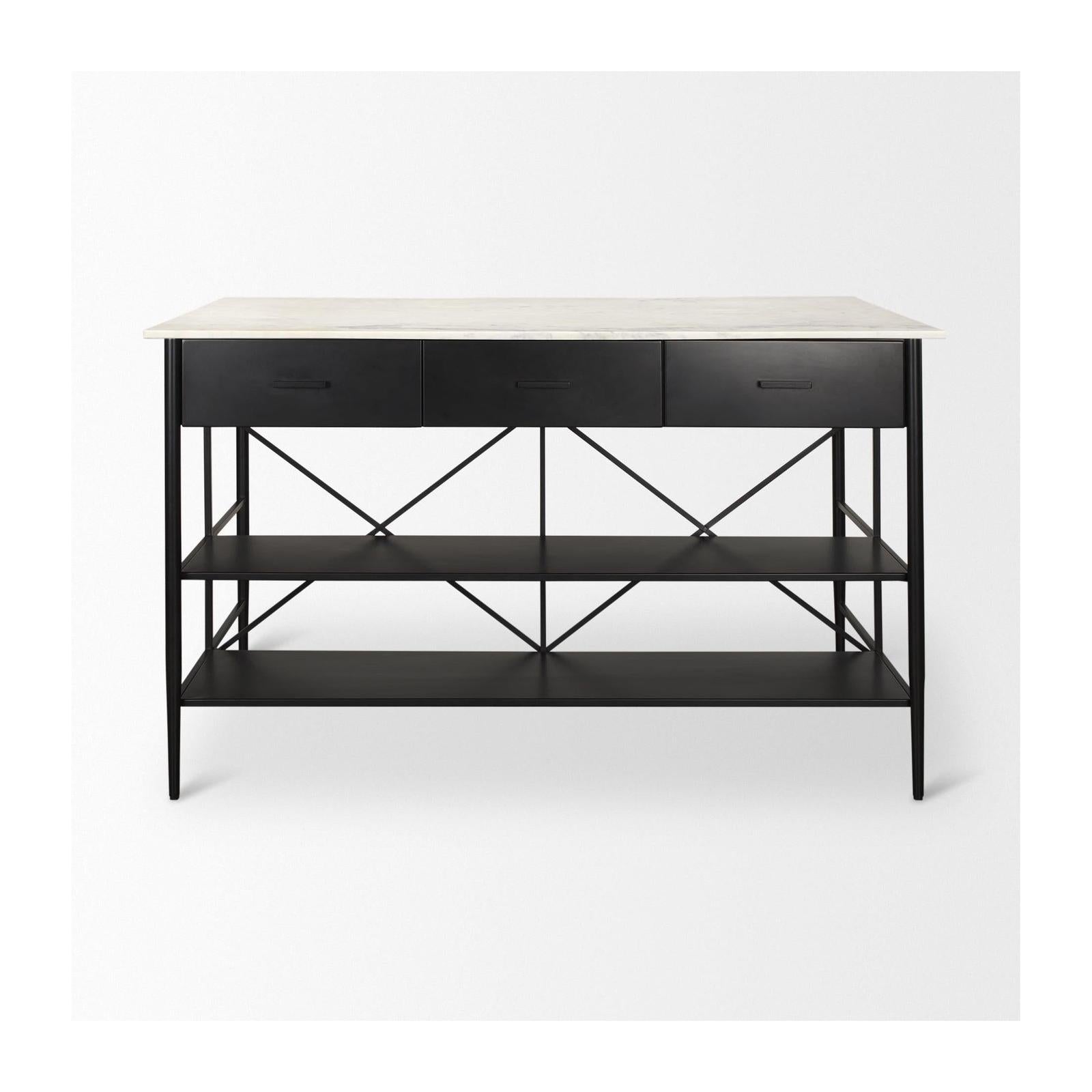 Mercana Amika White Marble Top Black Metal Base Kitchen Island