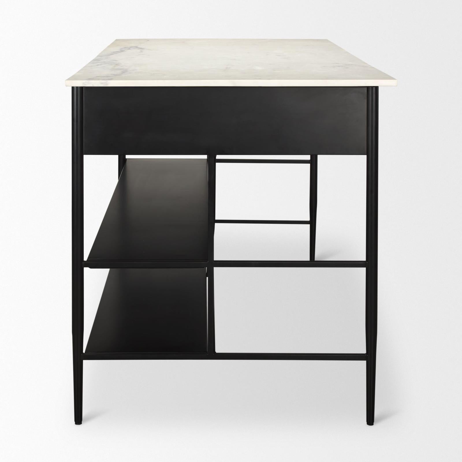 Mercana Amika White Marble Top Black Metal Base Kitchen Island