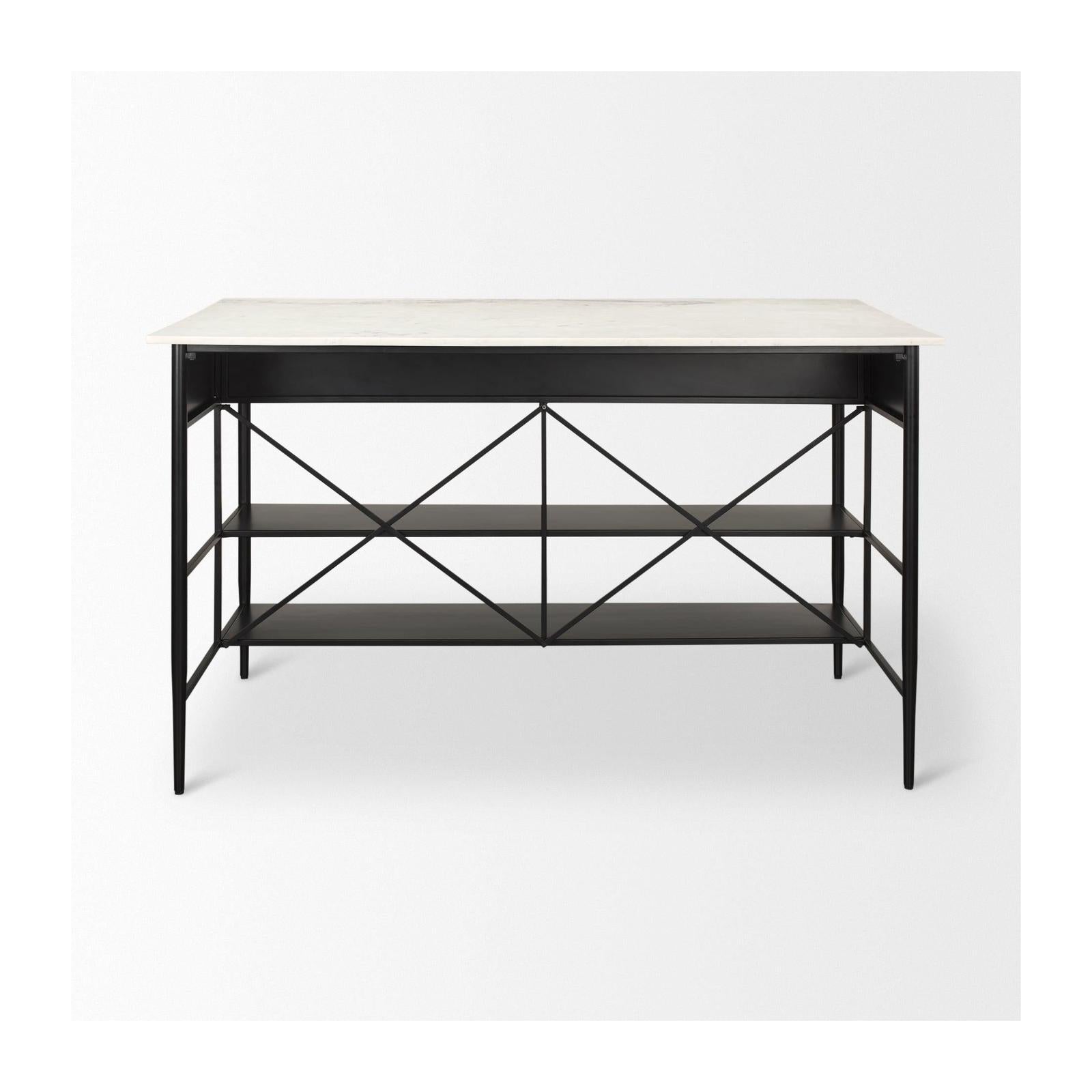 Mercana Amika White Marble Top Black Metal Base Kitchen Island