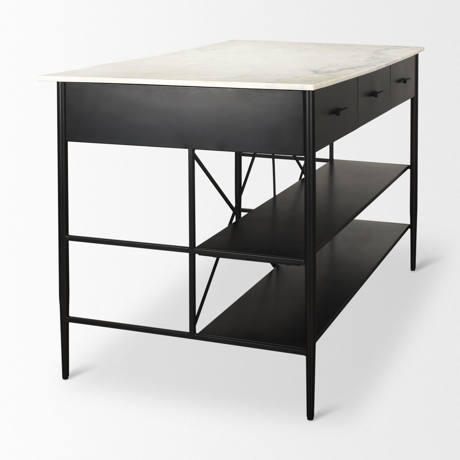 Mercana Amika White Marble Top Black Metal Base Kitchen Island