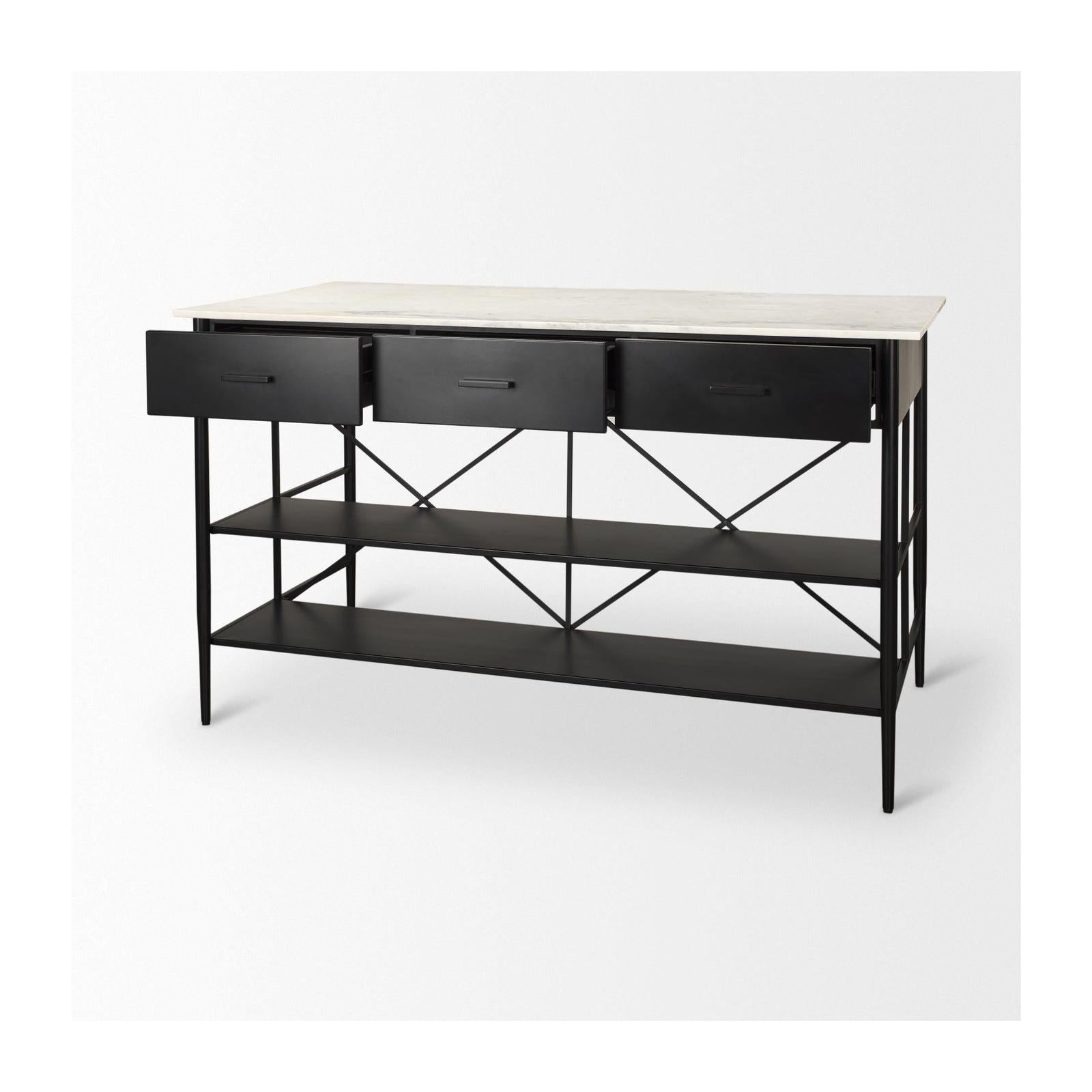 Mercana Amika White Marble Top Black Metal Base Kitchen Island