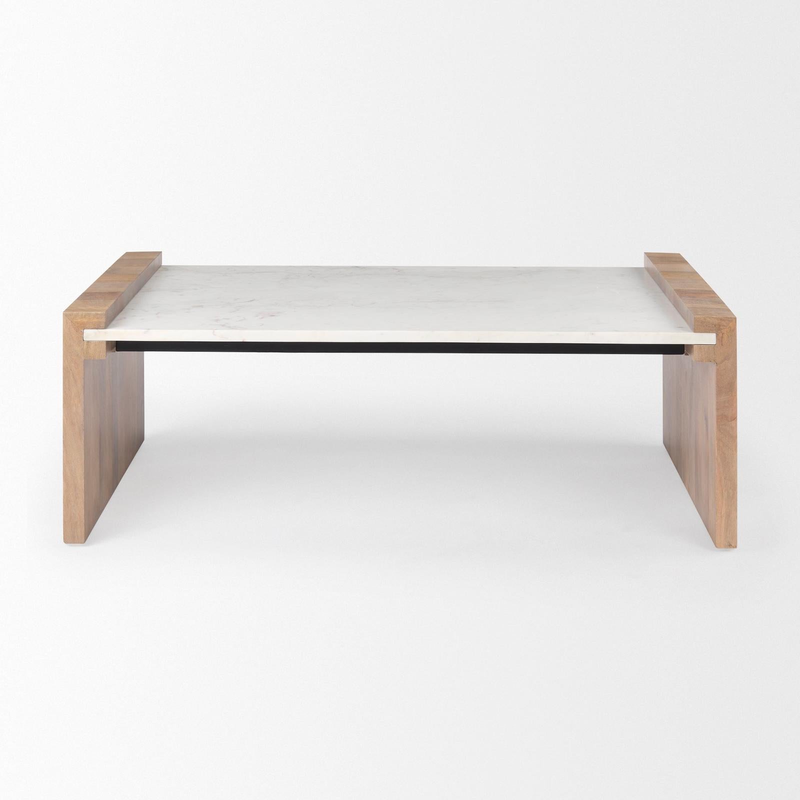 Mercana Athens Light Brown Wood and White Marble Coffee Table Clearance