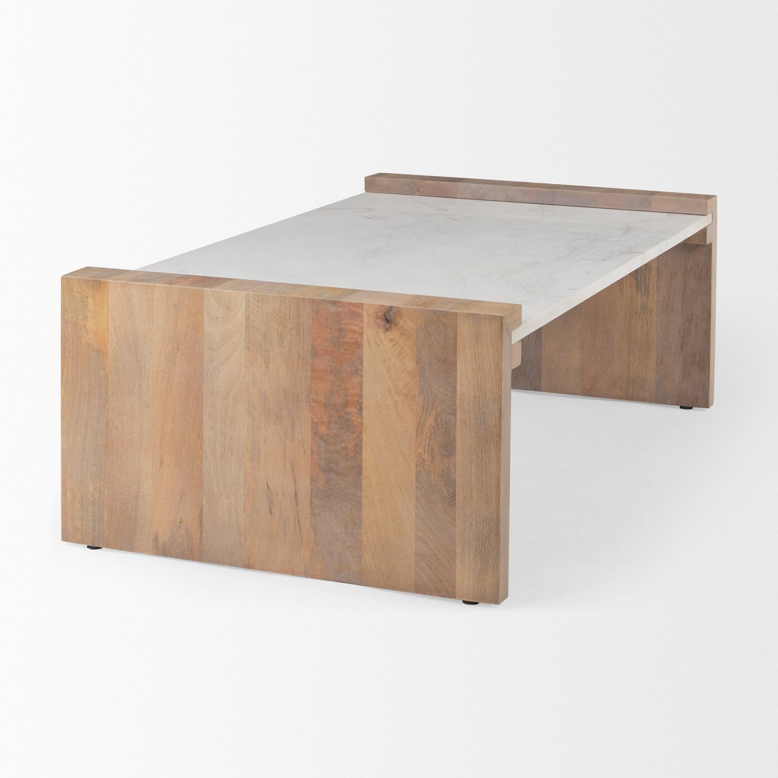Mercana Athens Light Brown Wood and White Marble Coffee Table Clearance