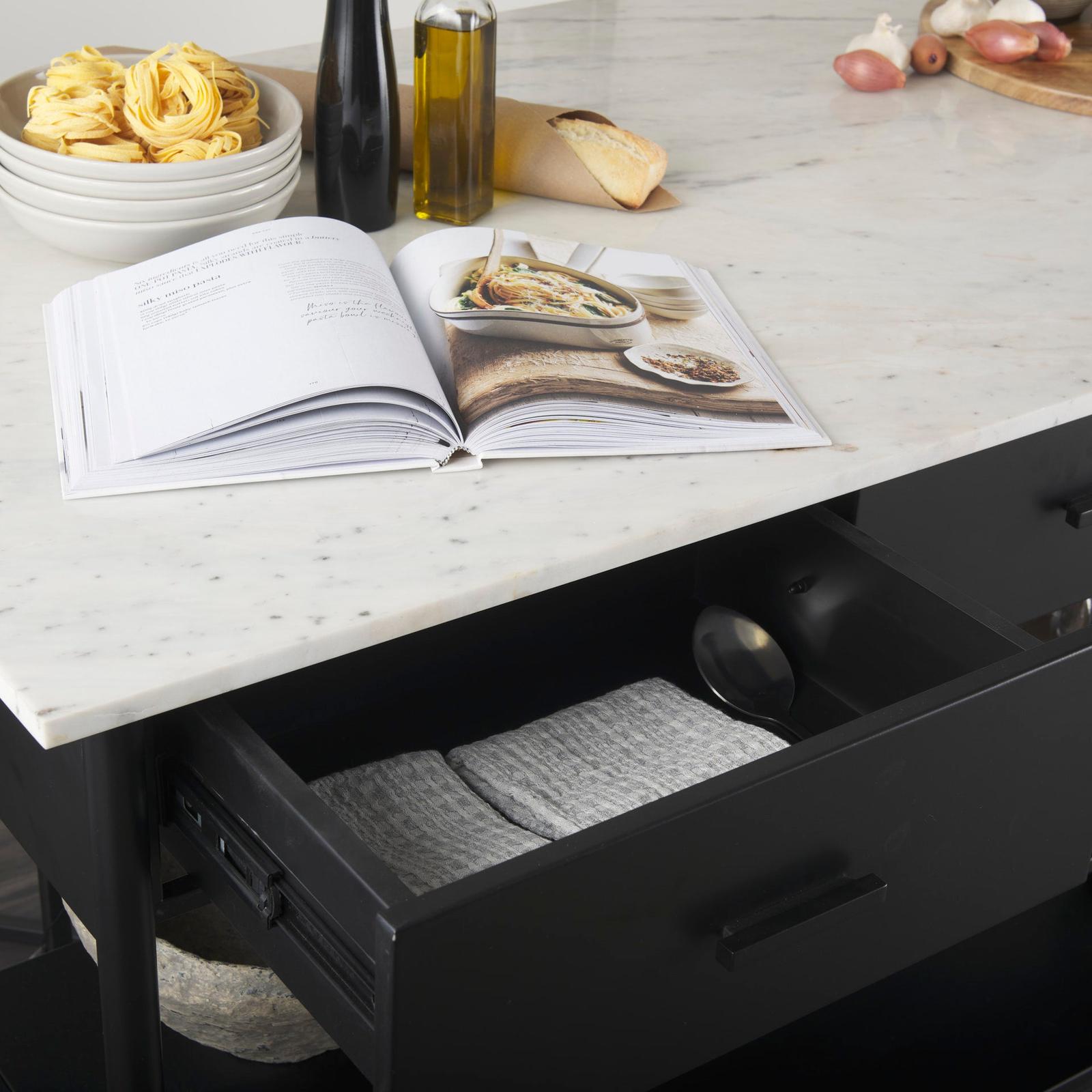 Mercana Amika White Marble Top Black Metal Base Kitchen Island