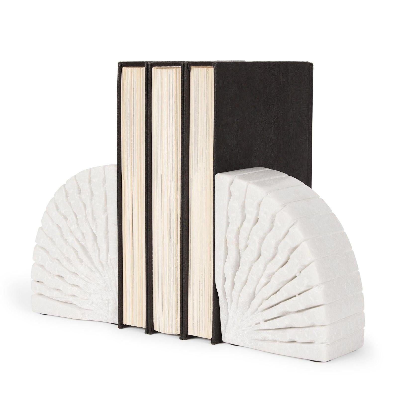 Mercana Stept White Marble Bookends w/rough Carving - Set of 2