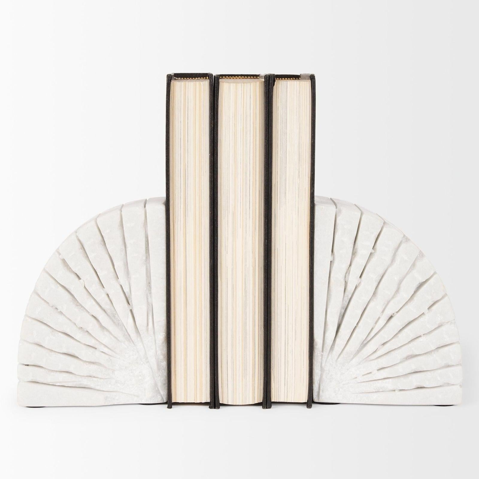 Mercana Stept White Marble Bookends w/rough Carving - Set of 2