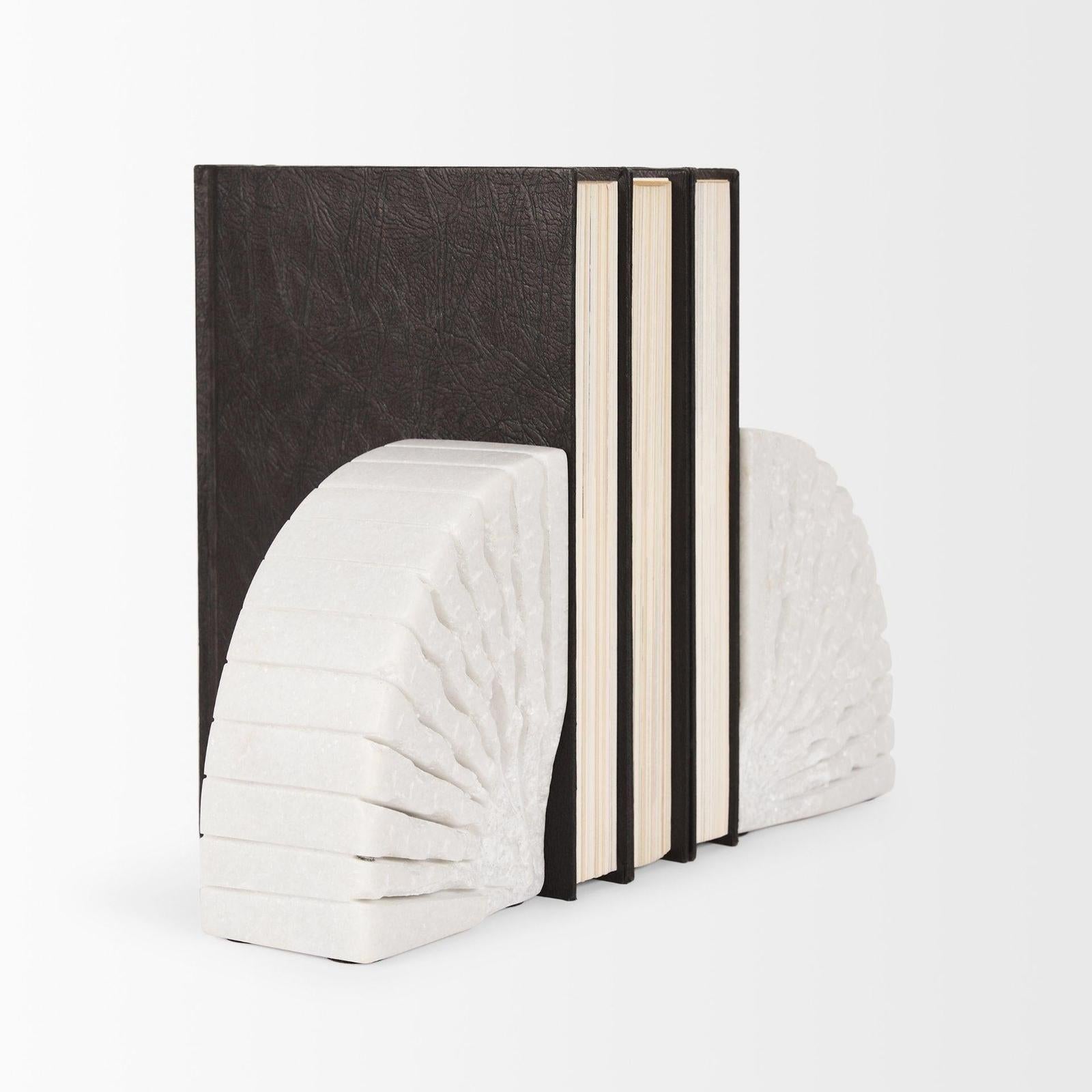 Mercana Stept White Marble Bookends w/rough Carving - Set of 2