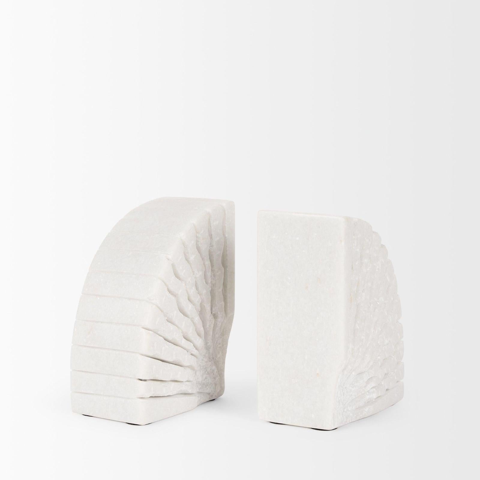 Mercana Stept White Marble Bookends w/rough Carving - Set of 2