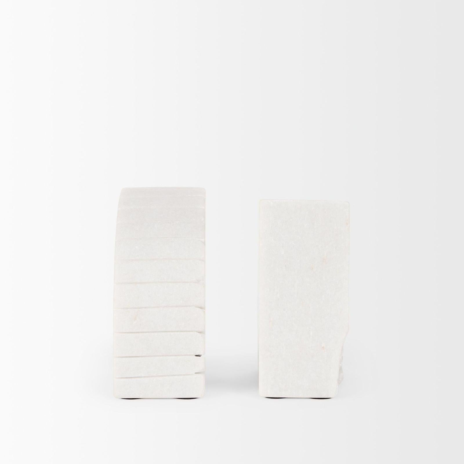 Mercana Stept White Marble Bookends w/rough Carving - Set of 2