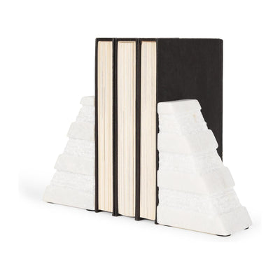 Mercana Cavetto White Marble Bookends w/rough Carving S/2