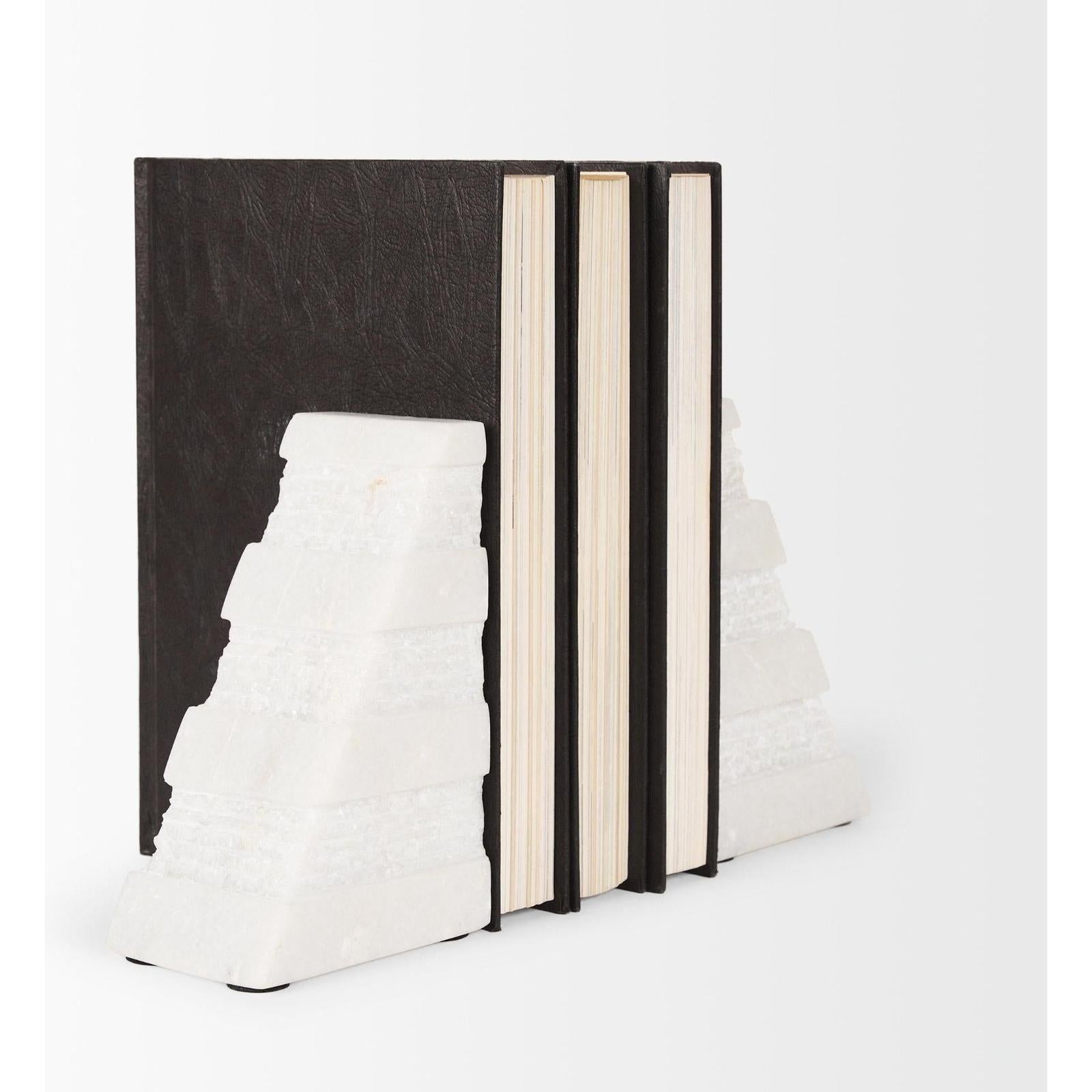 Mercana Cavetto White Marble Bookends w/rough Carving S/2