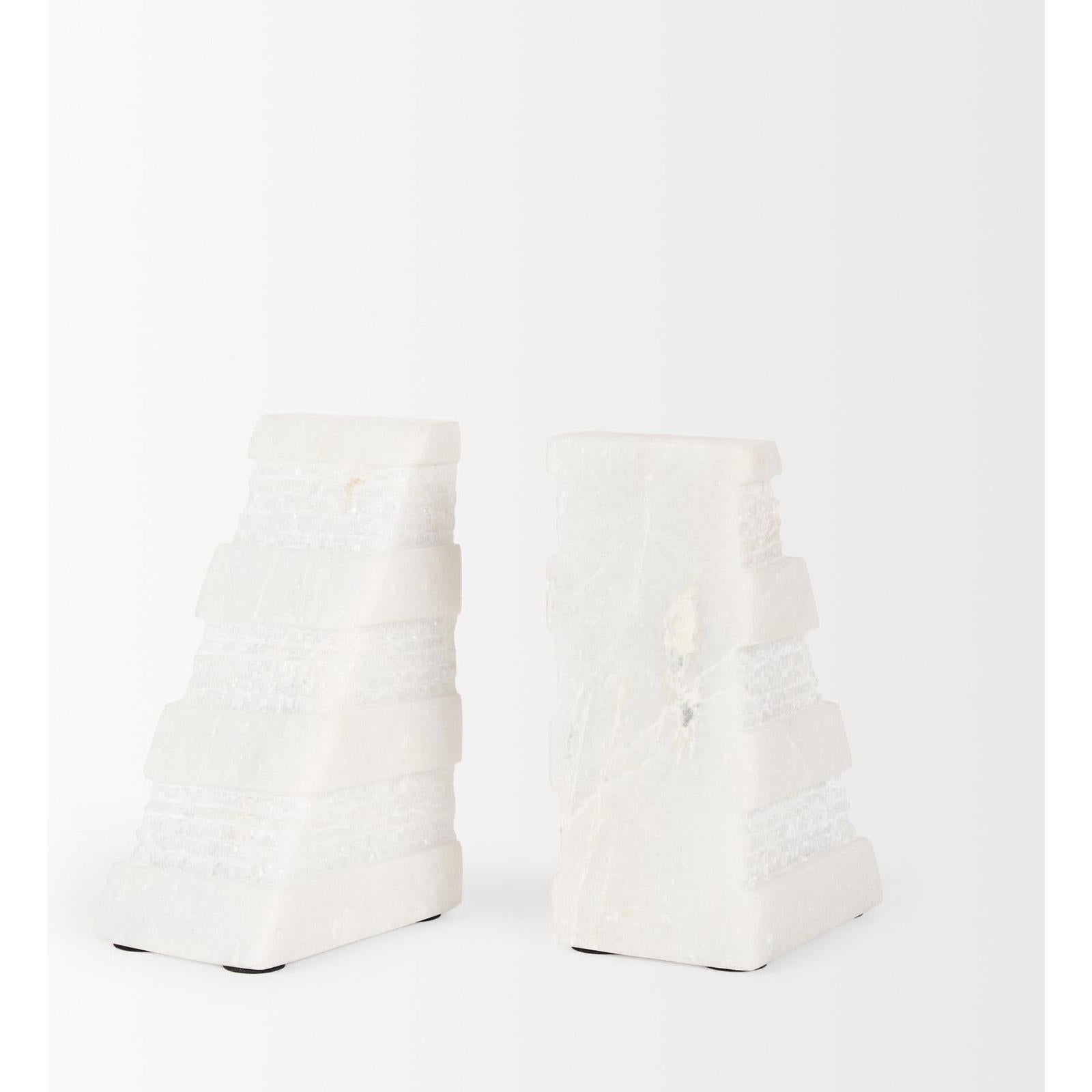 Mercana Cavetto White Marble Bookends w/rough Carving S/2