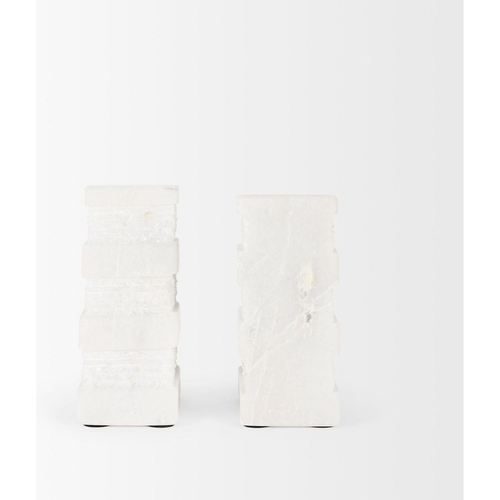 Mercana Cavetto White Marble Bookends w/rough Carving S/2