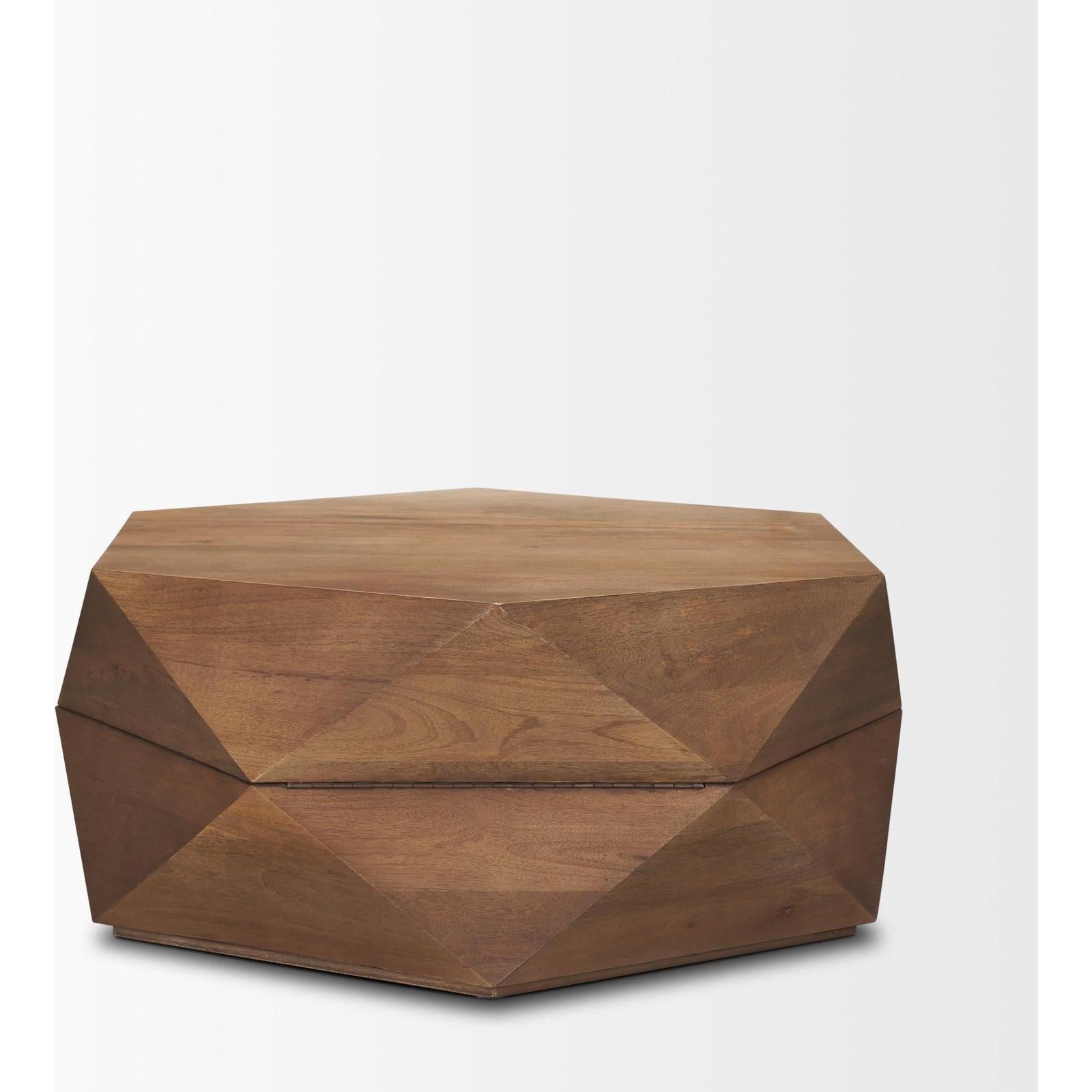Mercana Arreto Hexagonal Hinged Solid Wood Top and Base Coffee Table