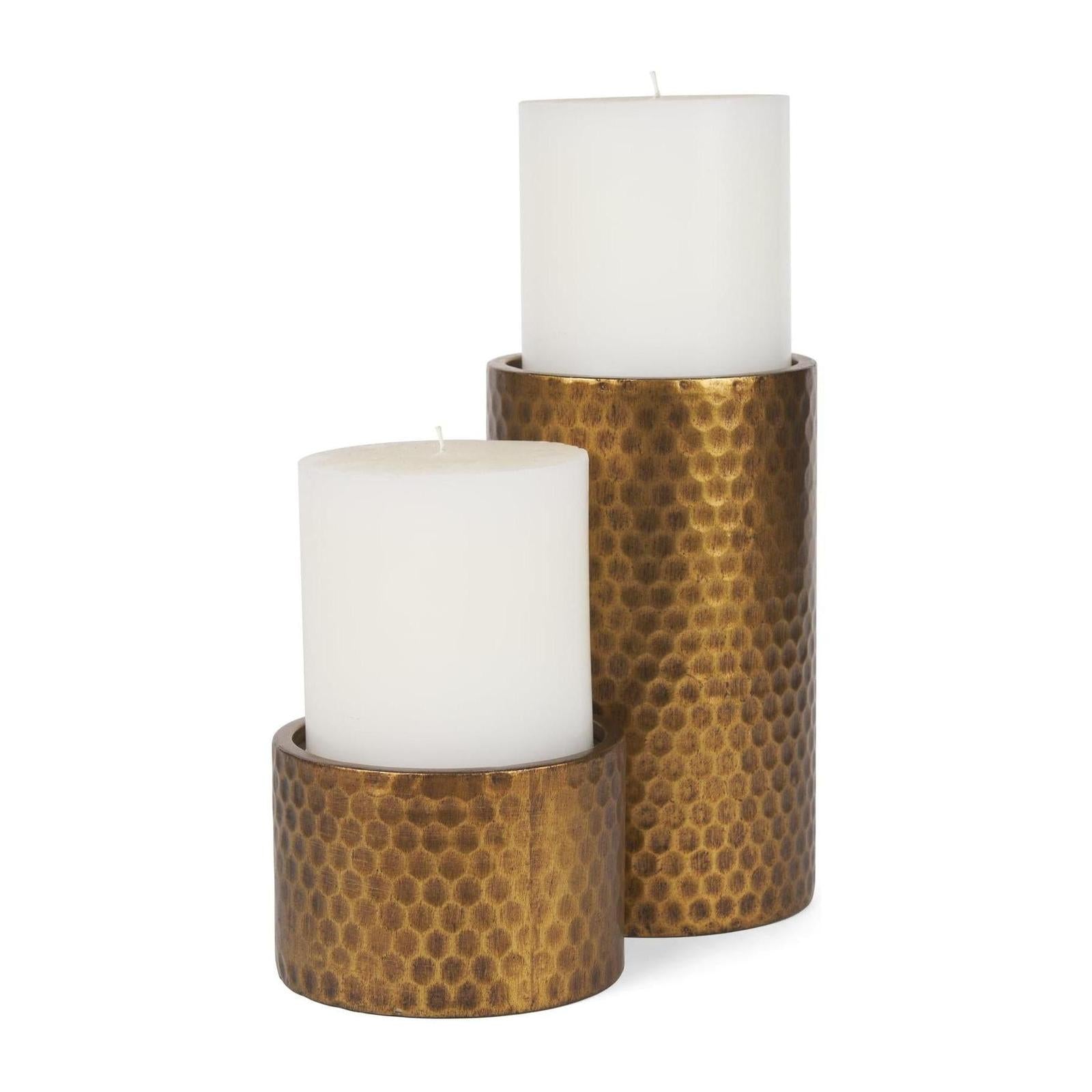 Mercana Gage Antiqued Gold Honeycomb Textured Metal Candle Holder - Set of 2