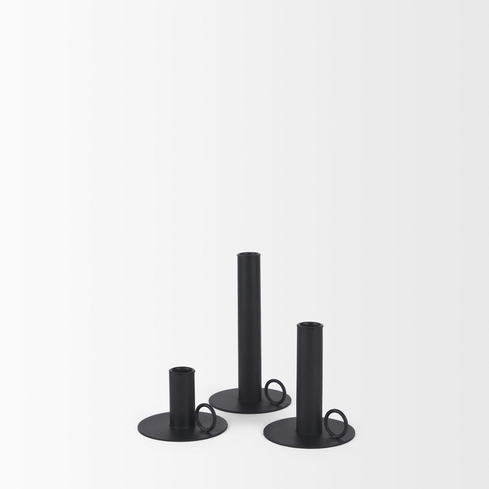 Mercana Noir Matte Black Metal Candle Holders-Set of 3