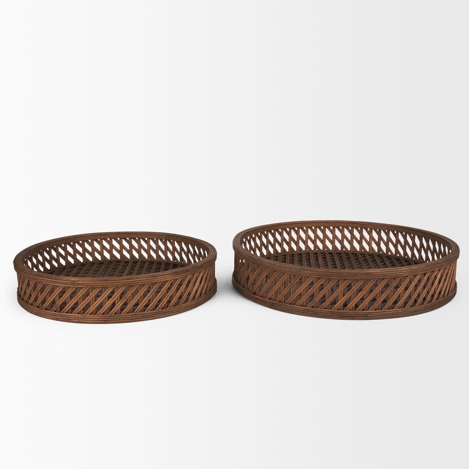 Mercana Thala Medium Brown Round Wicker Tray - Set of 2 Clearance