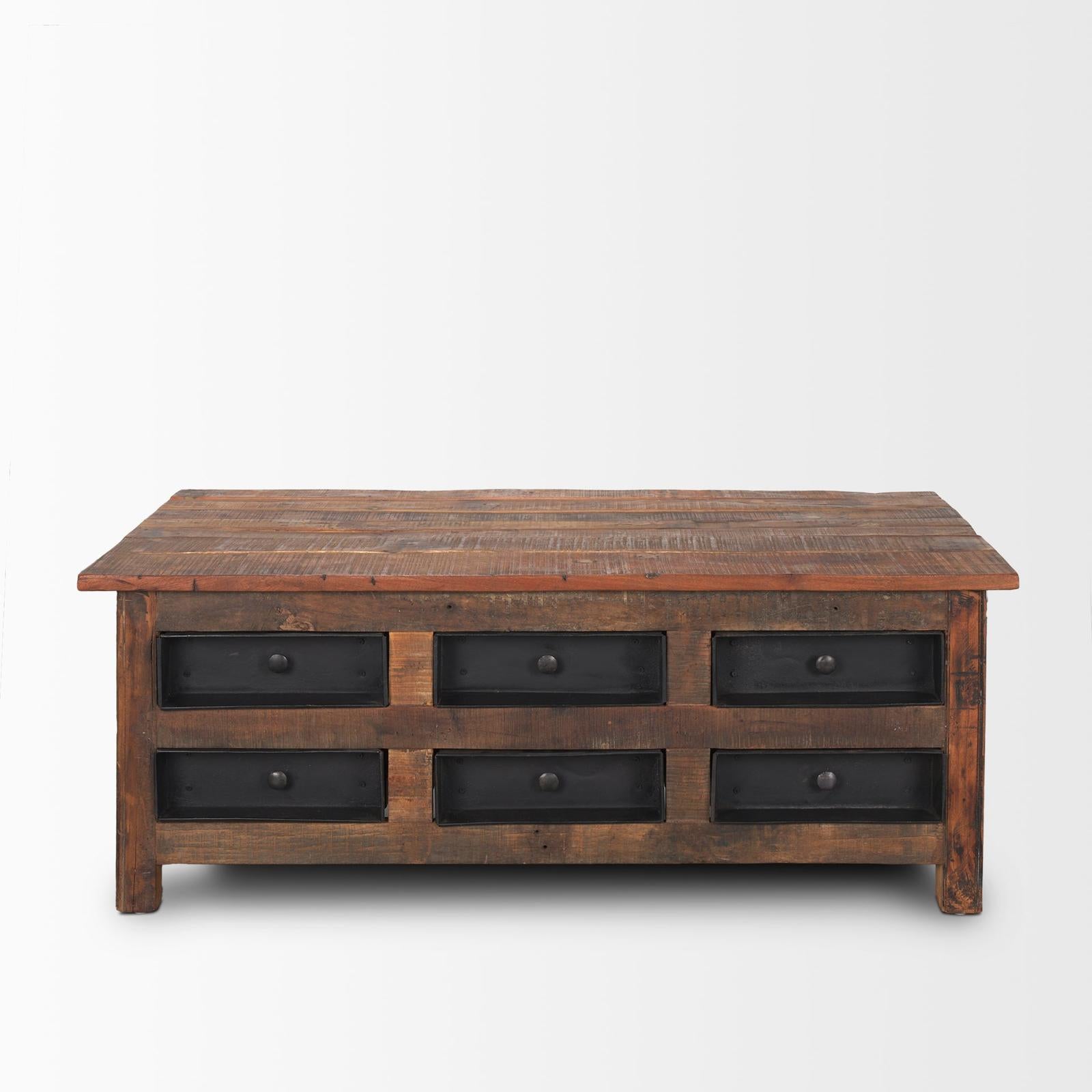 Mercana Wilton Brown Wood w/ 12 Black Metal Drawers Coffee Table Clearance