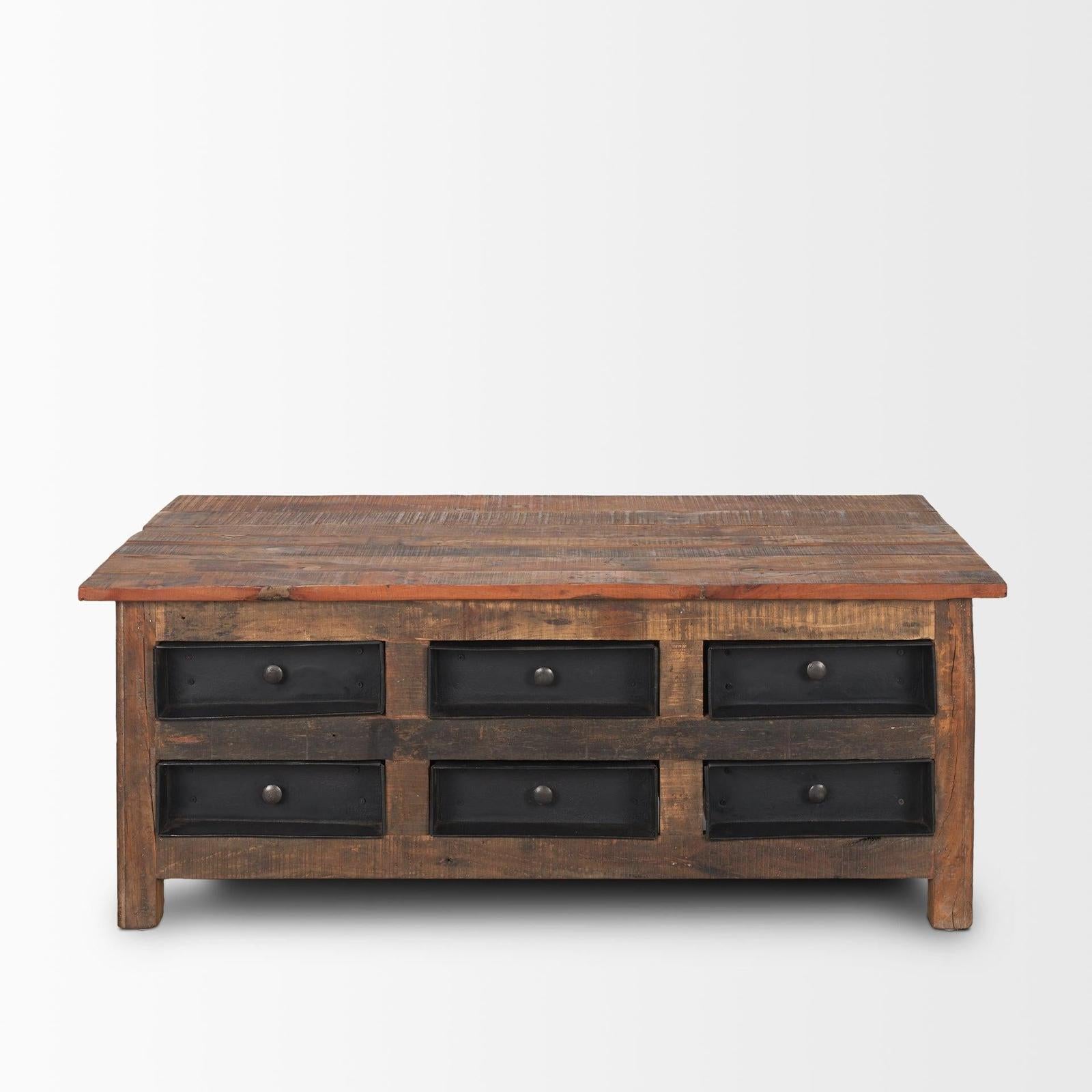 Mercana Wilton Brown Wood w/ 12 Black Metal Drawers Coffee Table Clearance