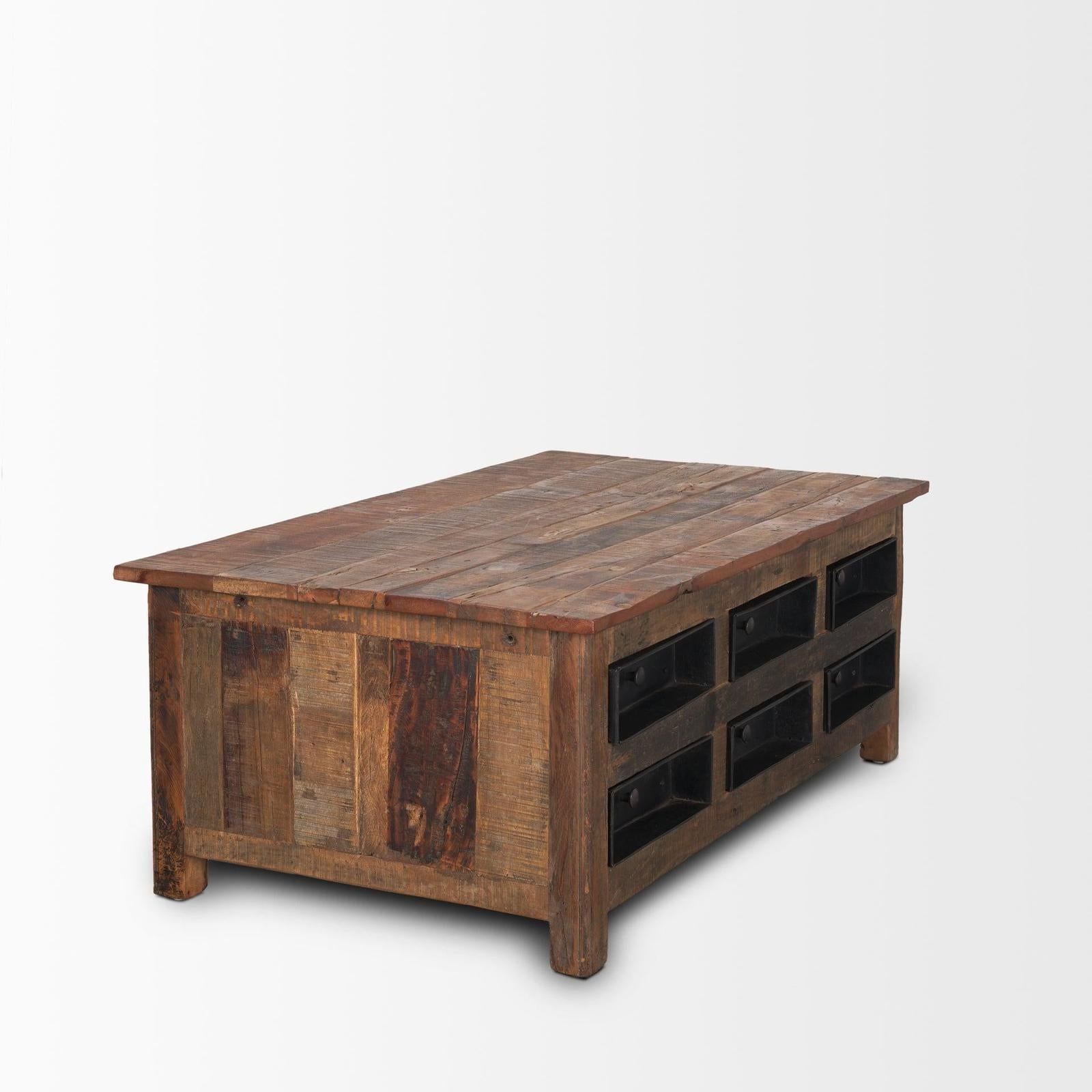 Mercana Wilton Brown Wood w/ 12 Black Metal Drawers Coffee Table Clearance