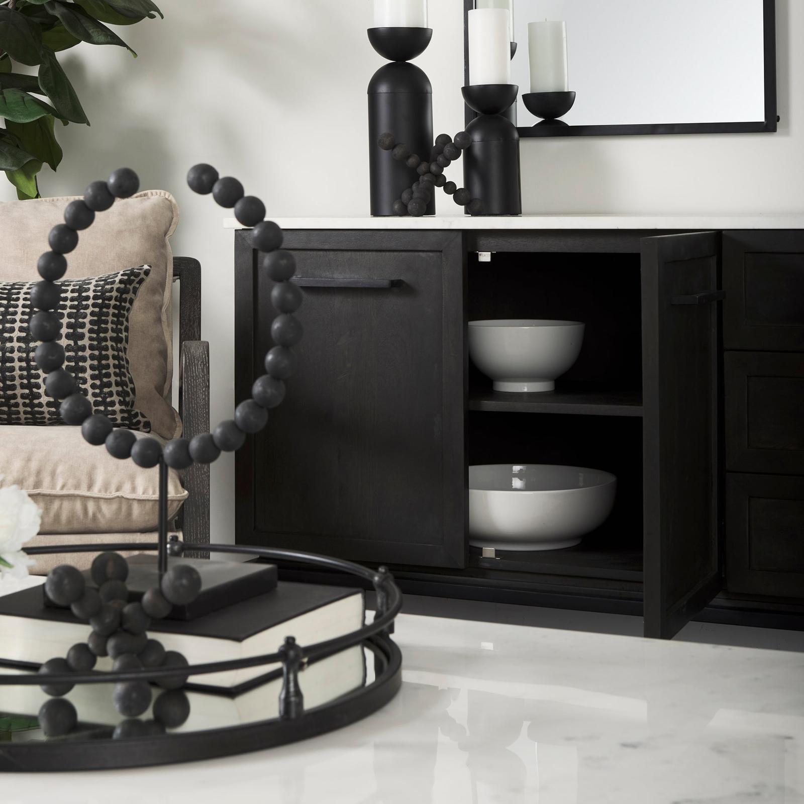 Mercana Divina Black-Brown Wood w/ White Marble Top and Black Metal Base Sideboard