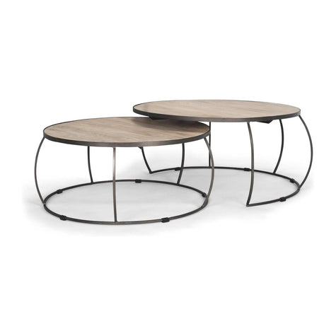 Mercana Clapp Round Light Brown W/ White Wash Wood and Silver Metal Nesting Coffee Tables - Set of 2 Clearance