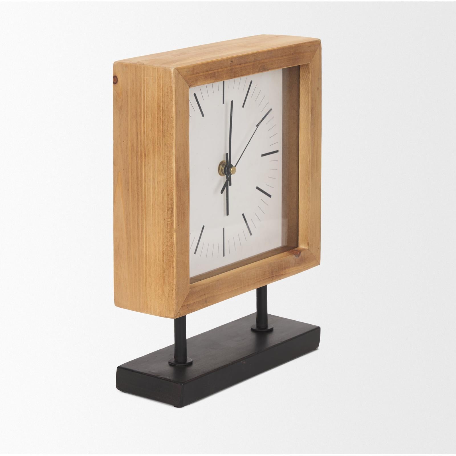 Mercana Renaya Light Brown Wood w/ Matte Black Metal Base Table Clock