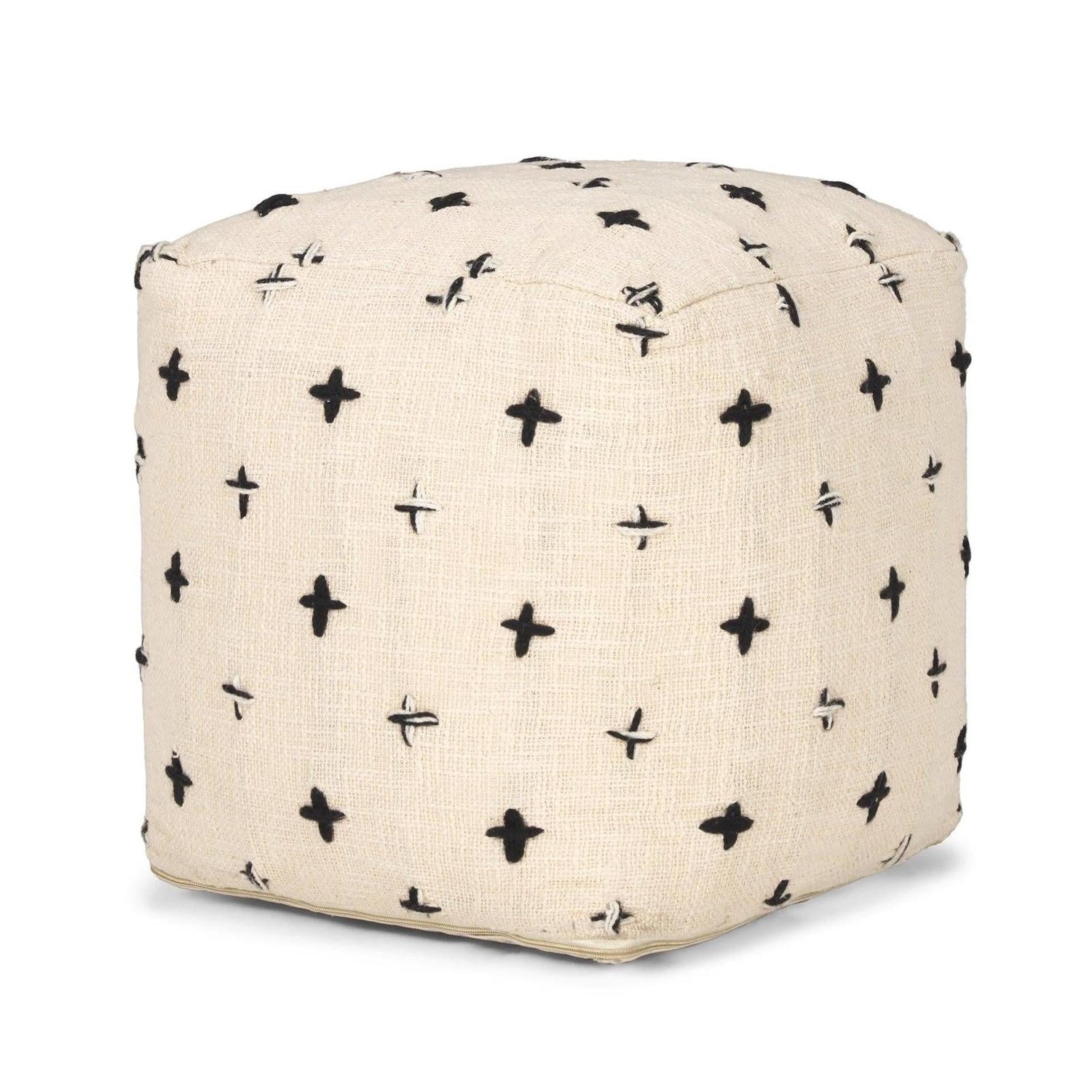 Mercana Saanvi Wool w/ Cream and Black Stitched Cross Patterned Pouf Clearance