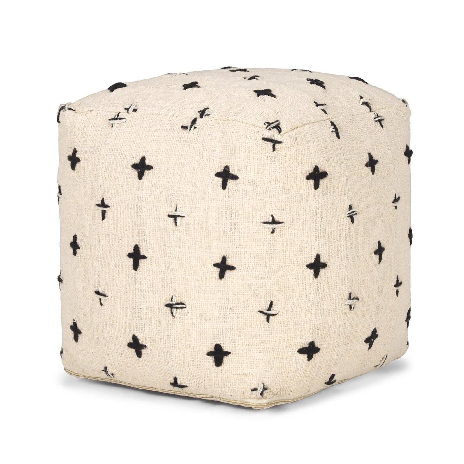 Mercana Saanvi Wool w/ Cream and Black Stitched Cross Patterned Pouf Clearance