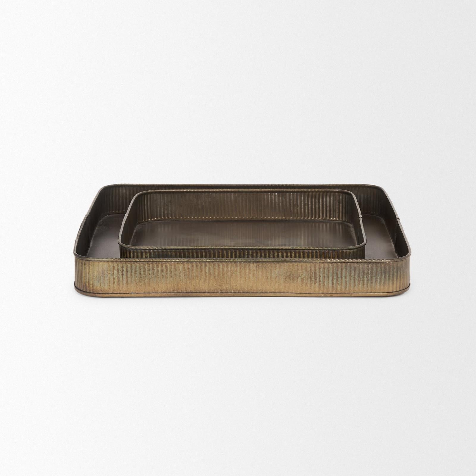 Mercana Varun Antiqued Brass Metal Tray -Set of 2