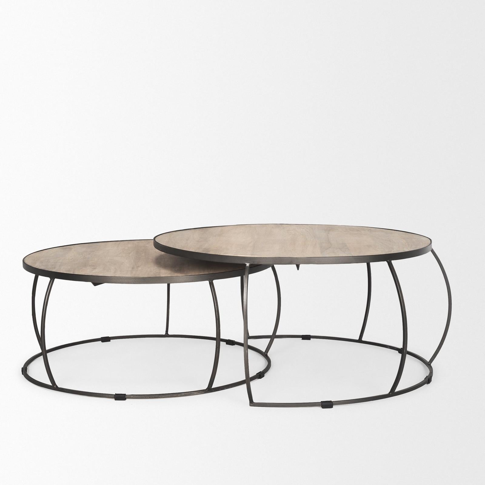 Mercana Clapp Round Light Brown W/ White Wash Wood and Silver Metal Nesting Coffee Tables - Set of 2 Clearance