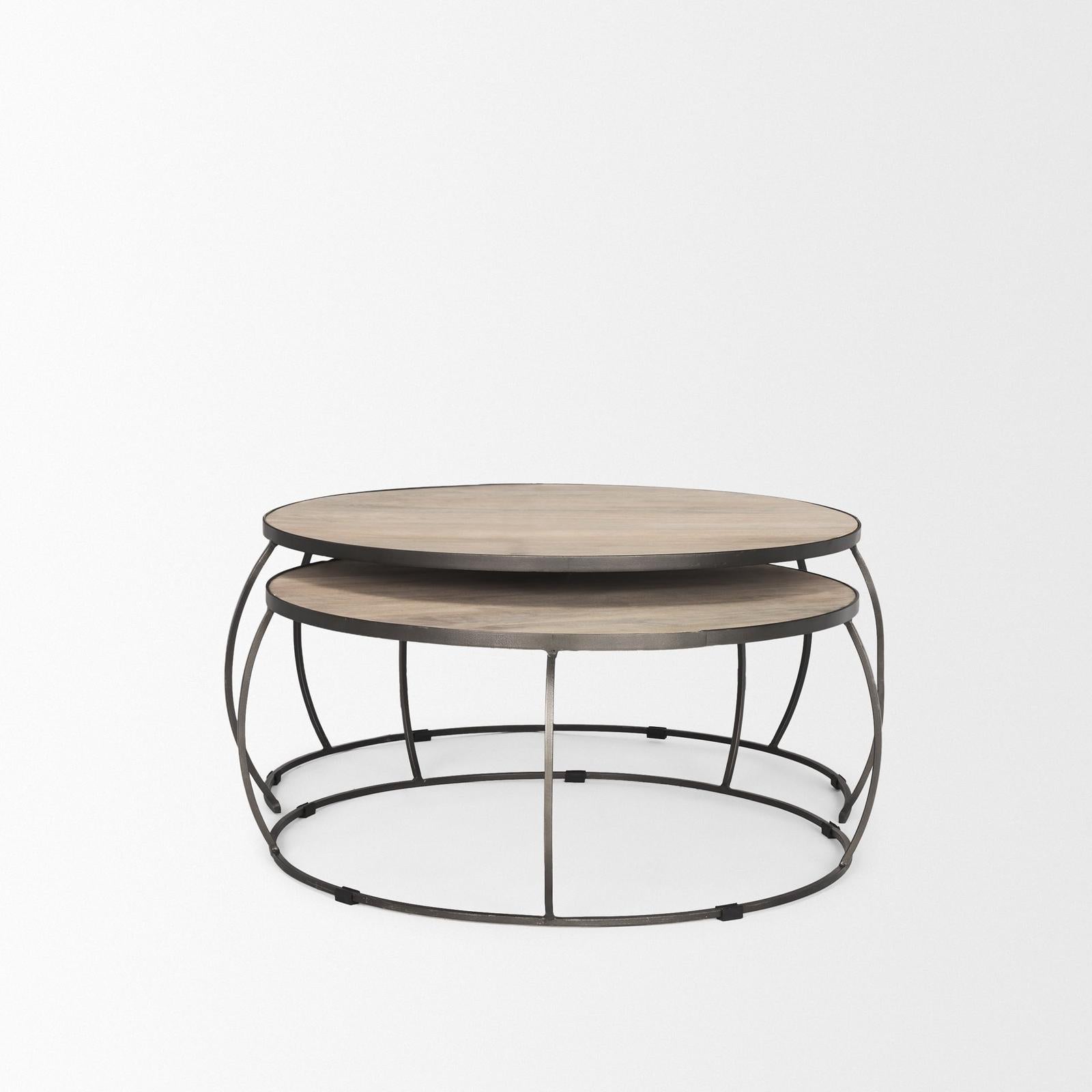 Mercana Clapp Round Light Brown W/ White Wash Wood and Silver Metal Nesting Coffee Tables - Set of 2 Clearance