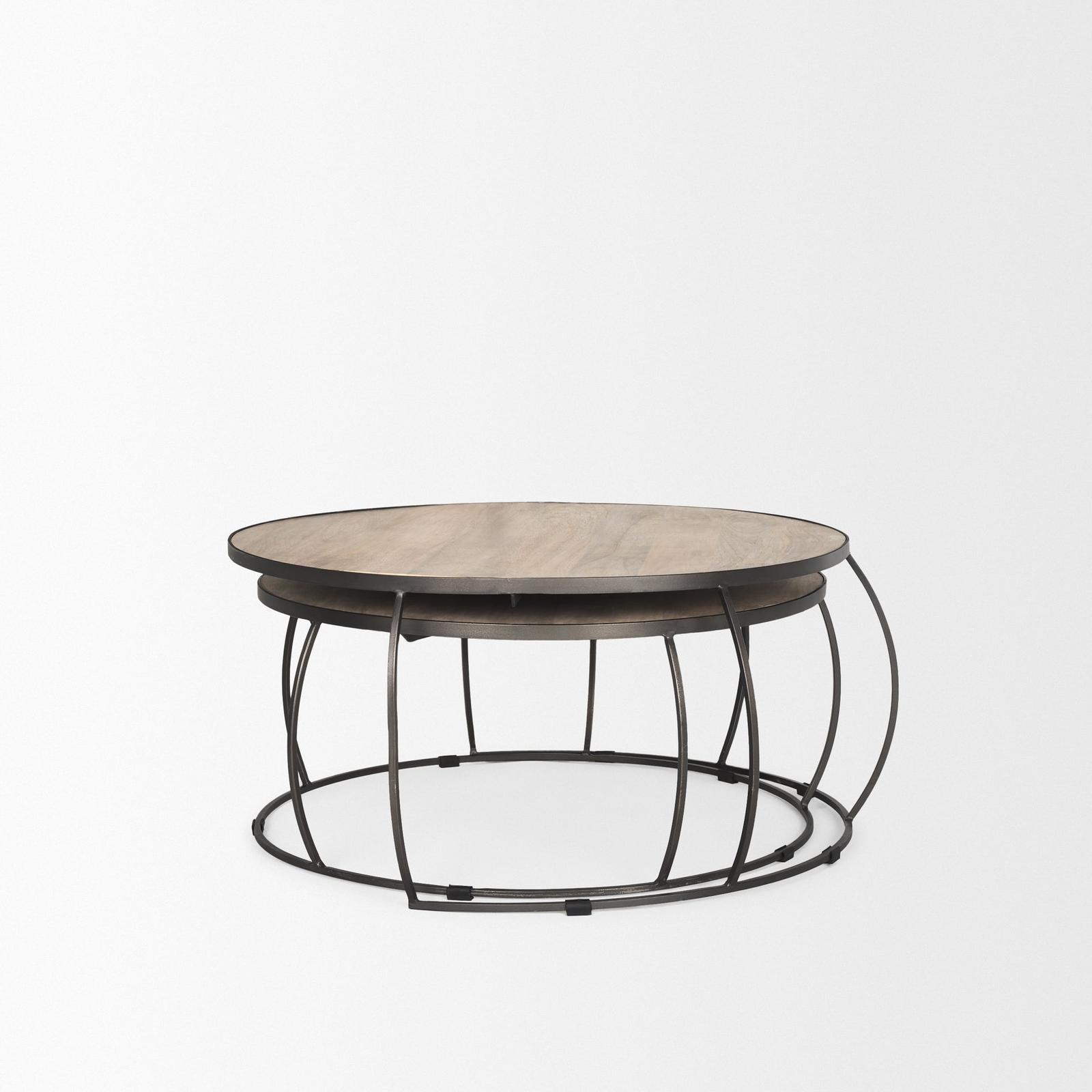 Mercana Clapp Round Light Brown W/ White Wash Wood and Silver Metal Nesting Coffee Tables - Set of 2 Clearance