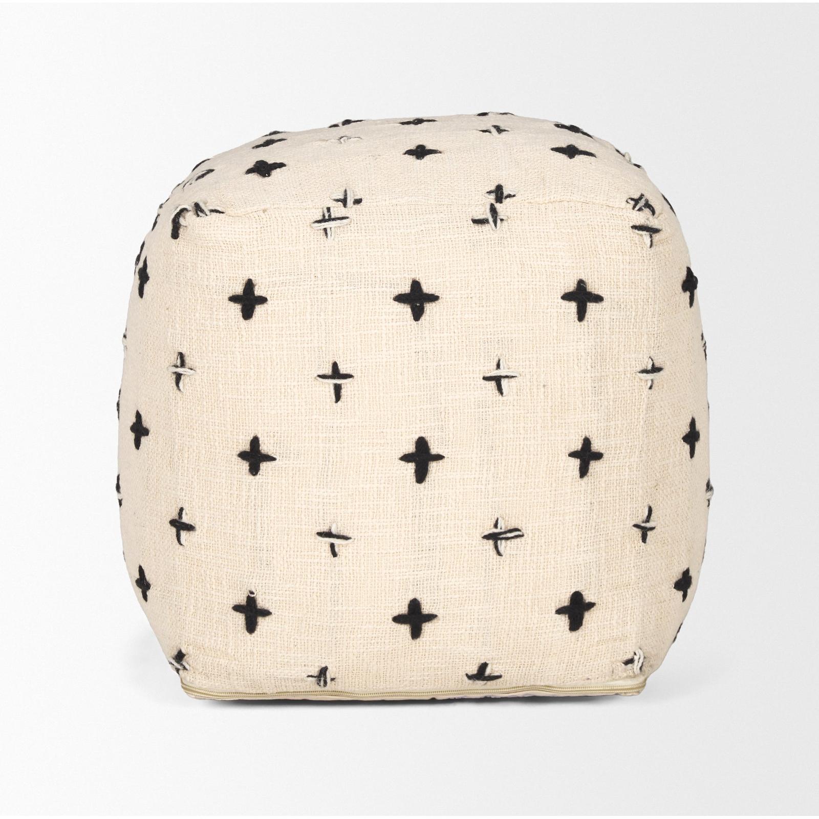 Mercana Saanvi Wool w/ Cream and Black Stitched Cross Patterned Pouf Clearance