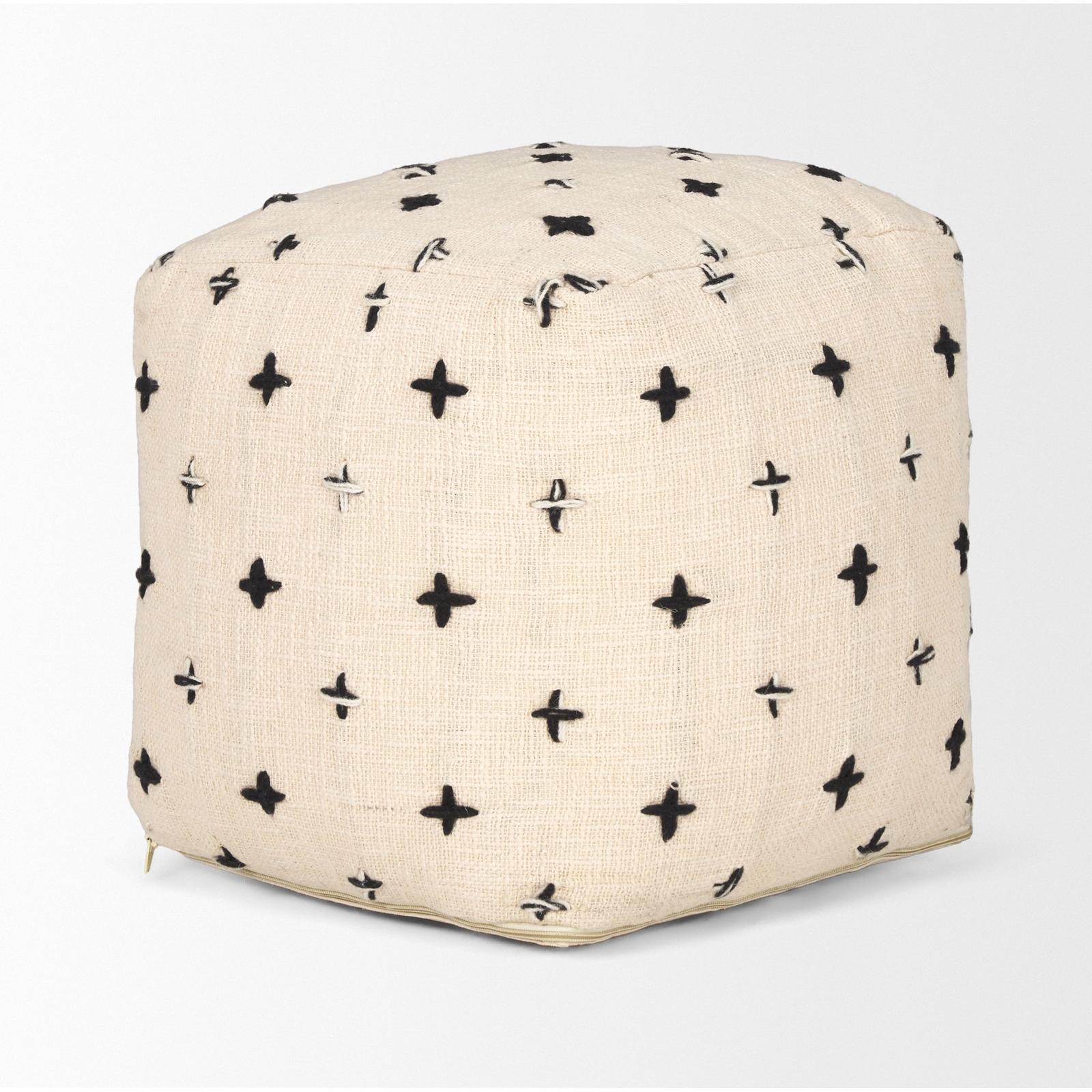 Mercana Saanvi Wool w/ Cream and Black Stitched Cross Patterned Pouf Clearance