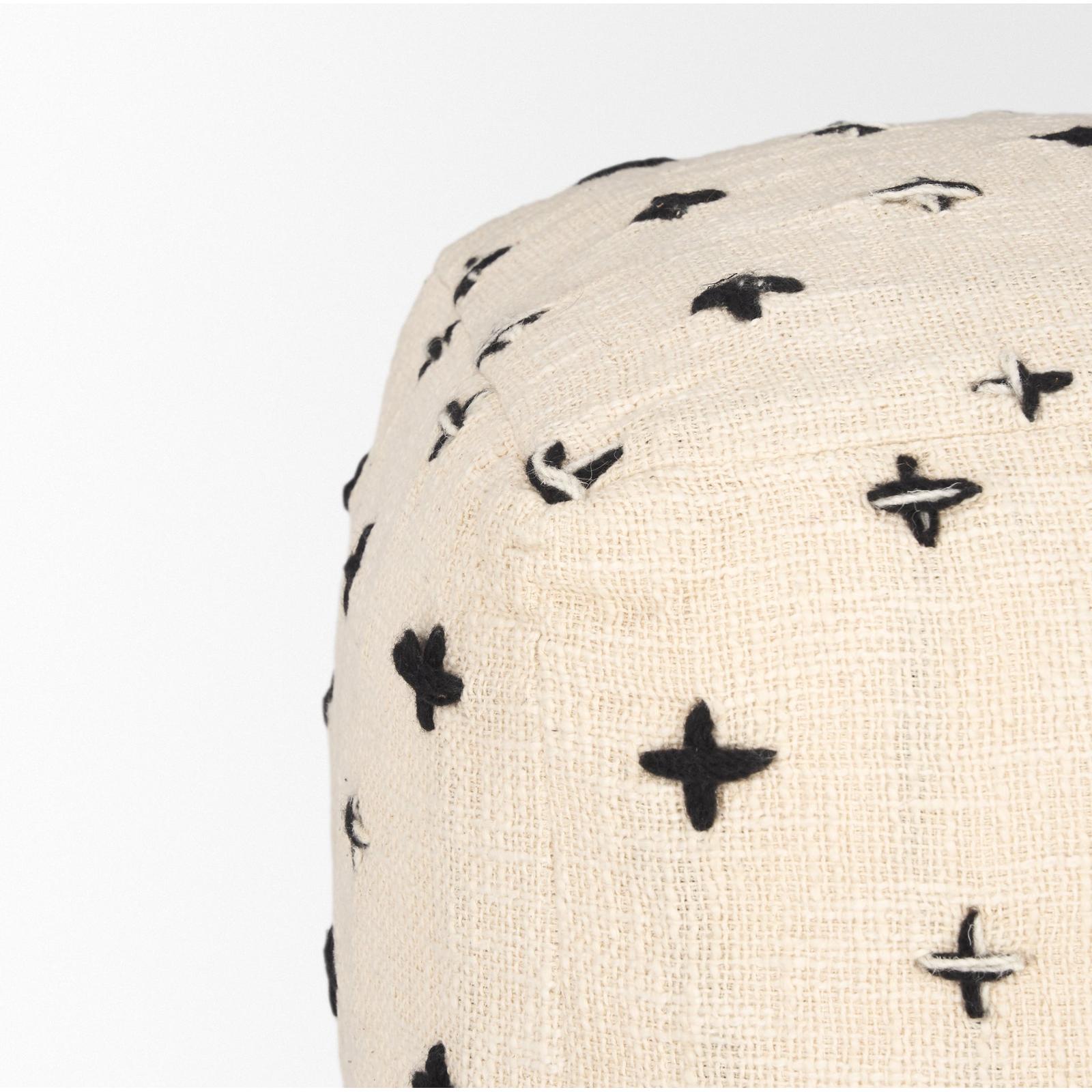 Mercana Saanvi Wool w/ Cream and Black Stitched Cross Patterned Pouf Clearance