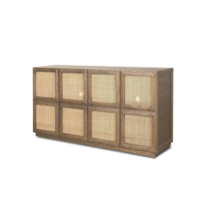 Mercana Sina Brown Oak Wood w/ Natural Rattan 4 Door Sideboard Clearance