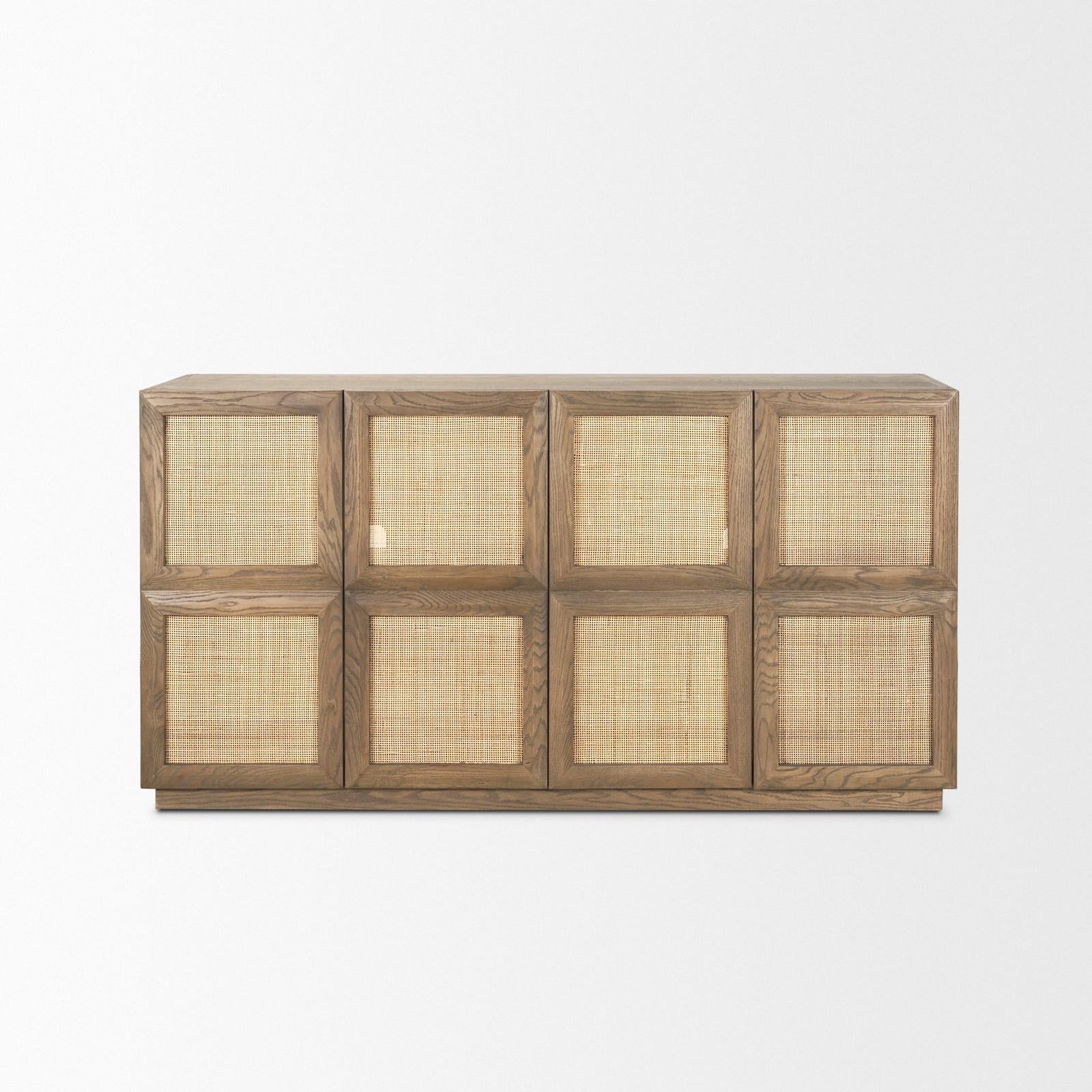 Mercana Sina Brown Oak Wood w/ Natural Rattan 4 Door Sideboard Clearance