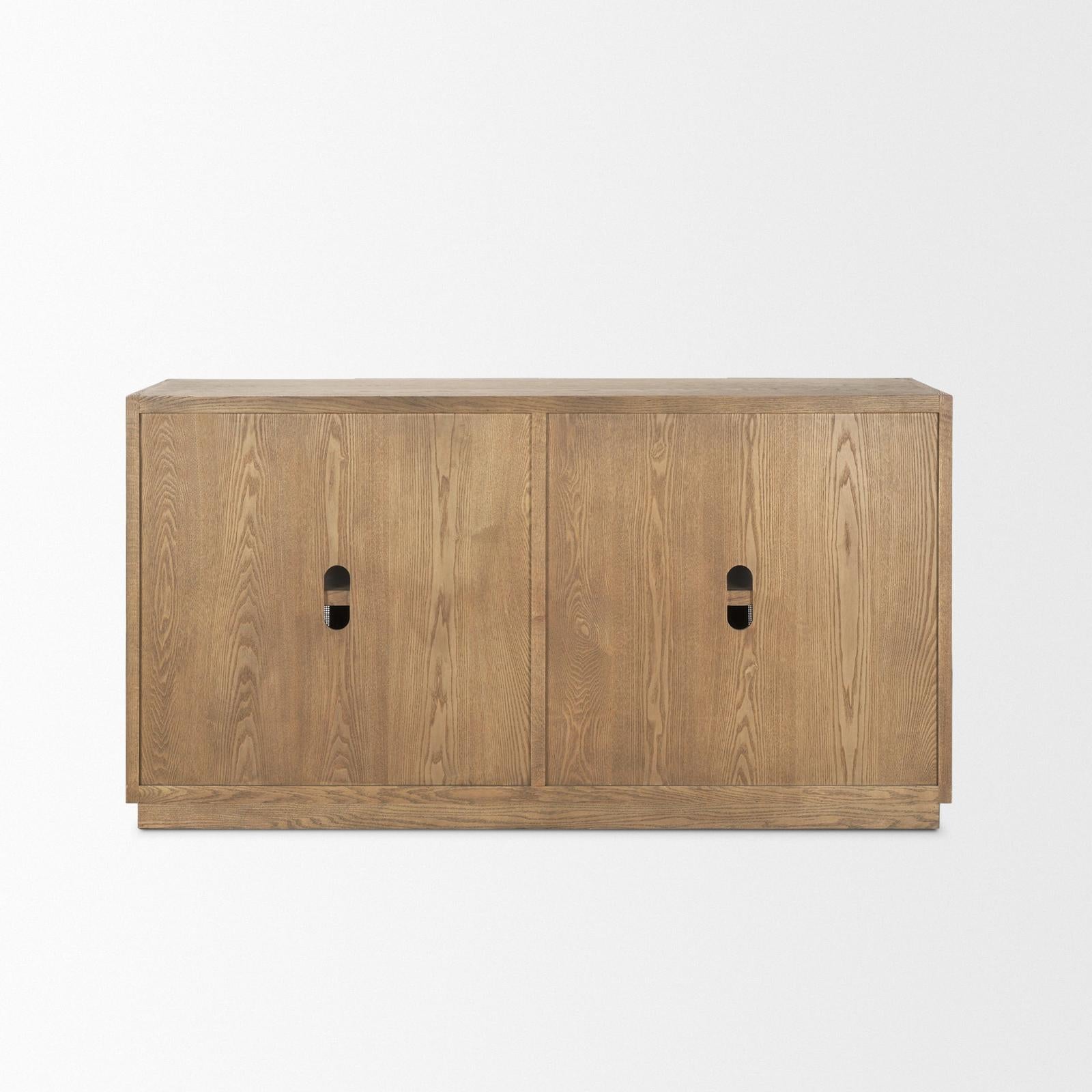 Mercana Sina Brown Oak Wood w/ Natural Rattan 4 Door Sideboard Clearance